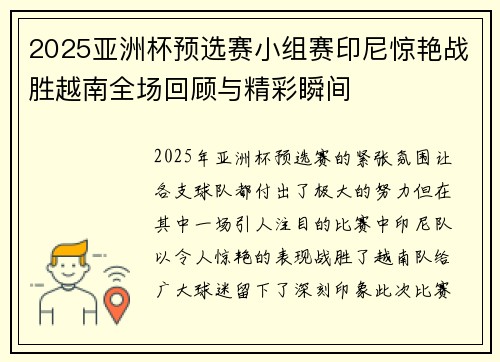 2025亚洲杯预选赛小组赛印尼惊艳战胜越南全场回顾与精彩瞬间 2025亚洲杯预选赛小组赛印尼惊艳战胜越南全场回顾与精彩瞬间