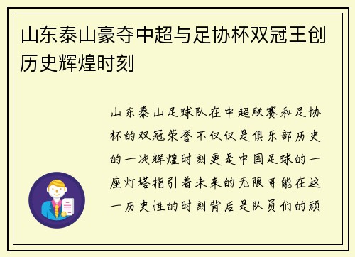 山东泰山豪夺中超与足协杯双冠王创历史辉煌时刻